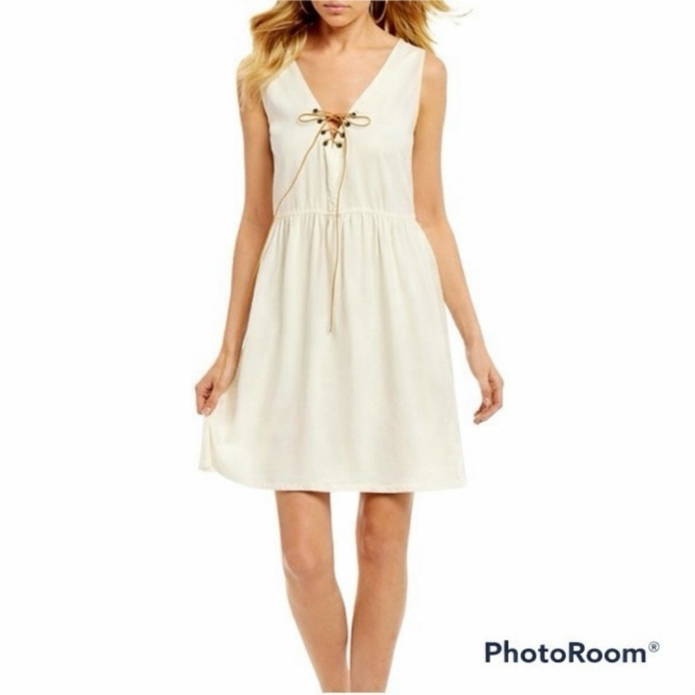 Celebrity Pink Dress Mini Ivory Lace Up Sundress Sleeveless V-Neck M